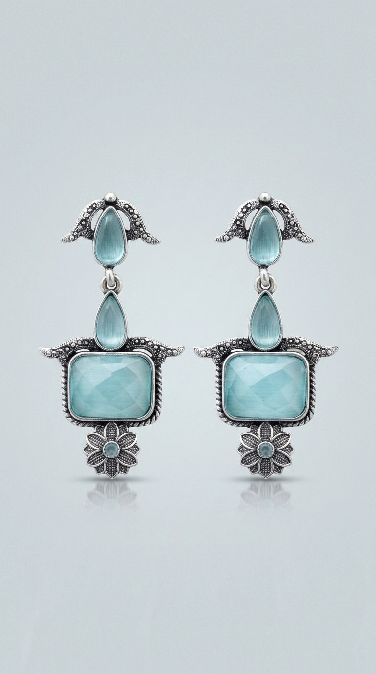 Sea Blue Oxidised Silver Drop Earrings with Teardrop and Rectangular Stone for Traditional Wear - Sea Blue