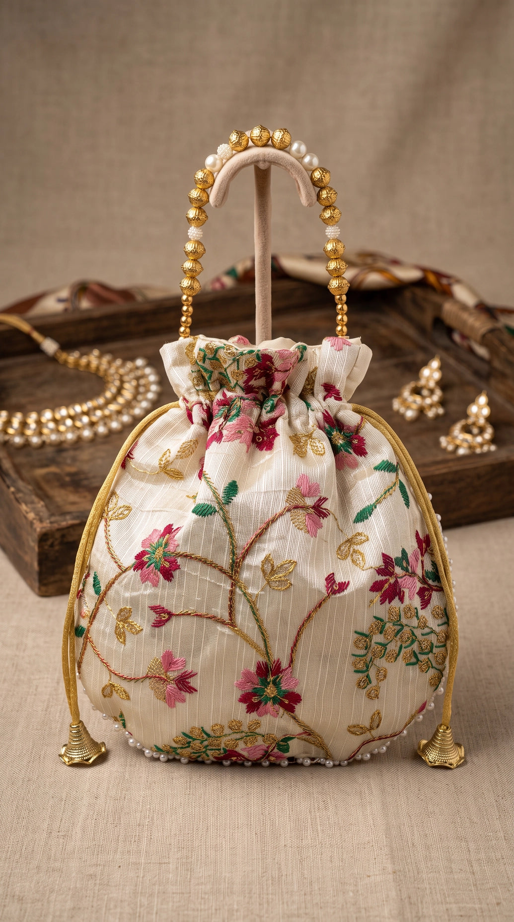 Cream Floral Embroidered Potli Pouch with Drawstring and Pearl Bead Trim for Wedding & Festive Gifting - Cream