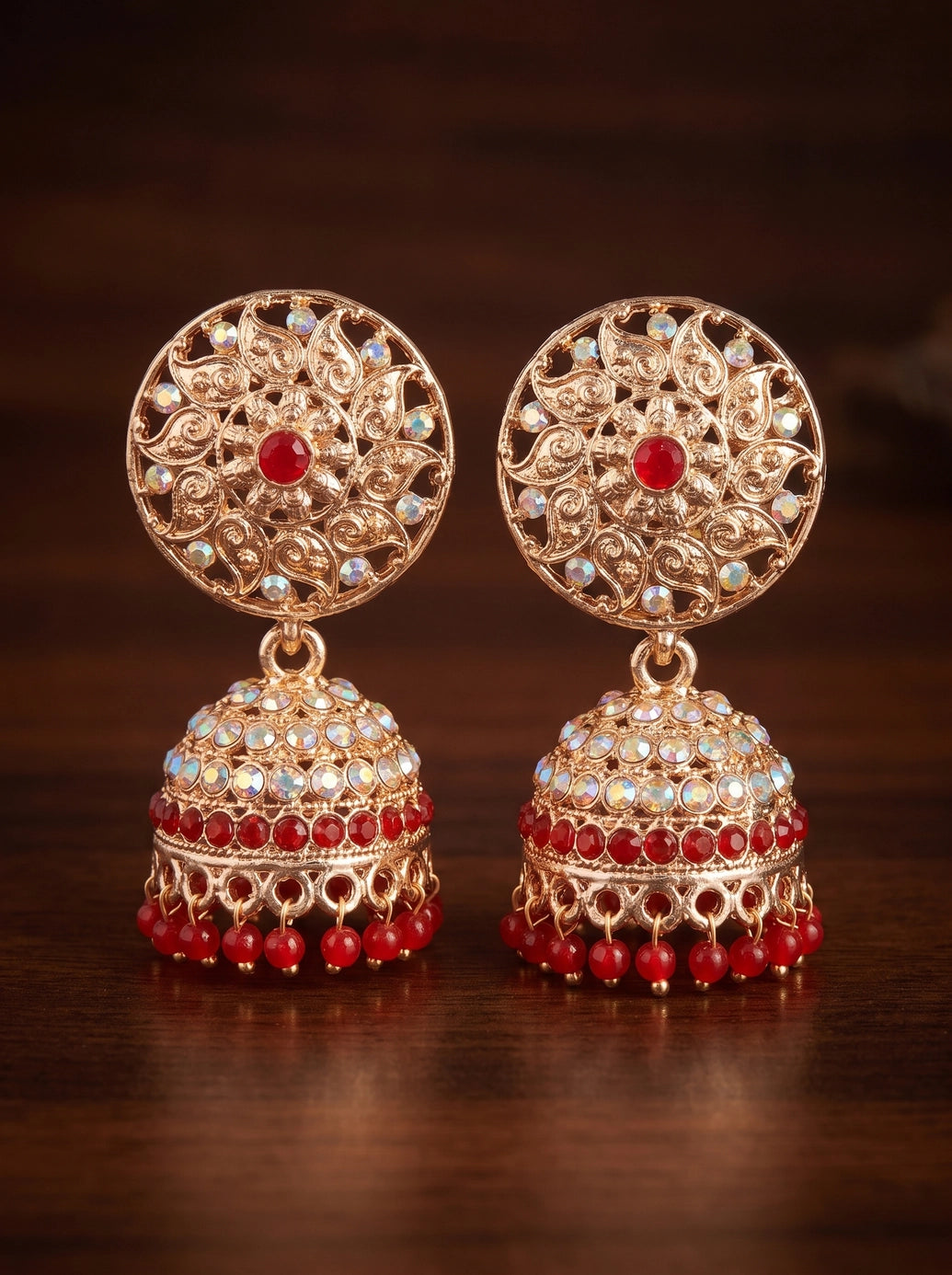 Traditional Jhumka Earrings with Floral Filigree and Beaded Drops in Red, Maroon & Yellow