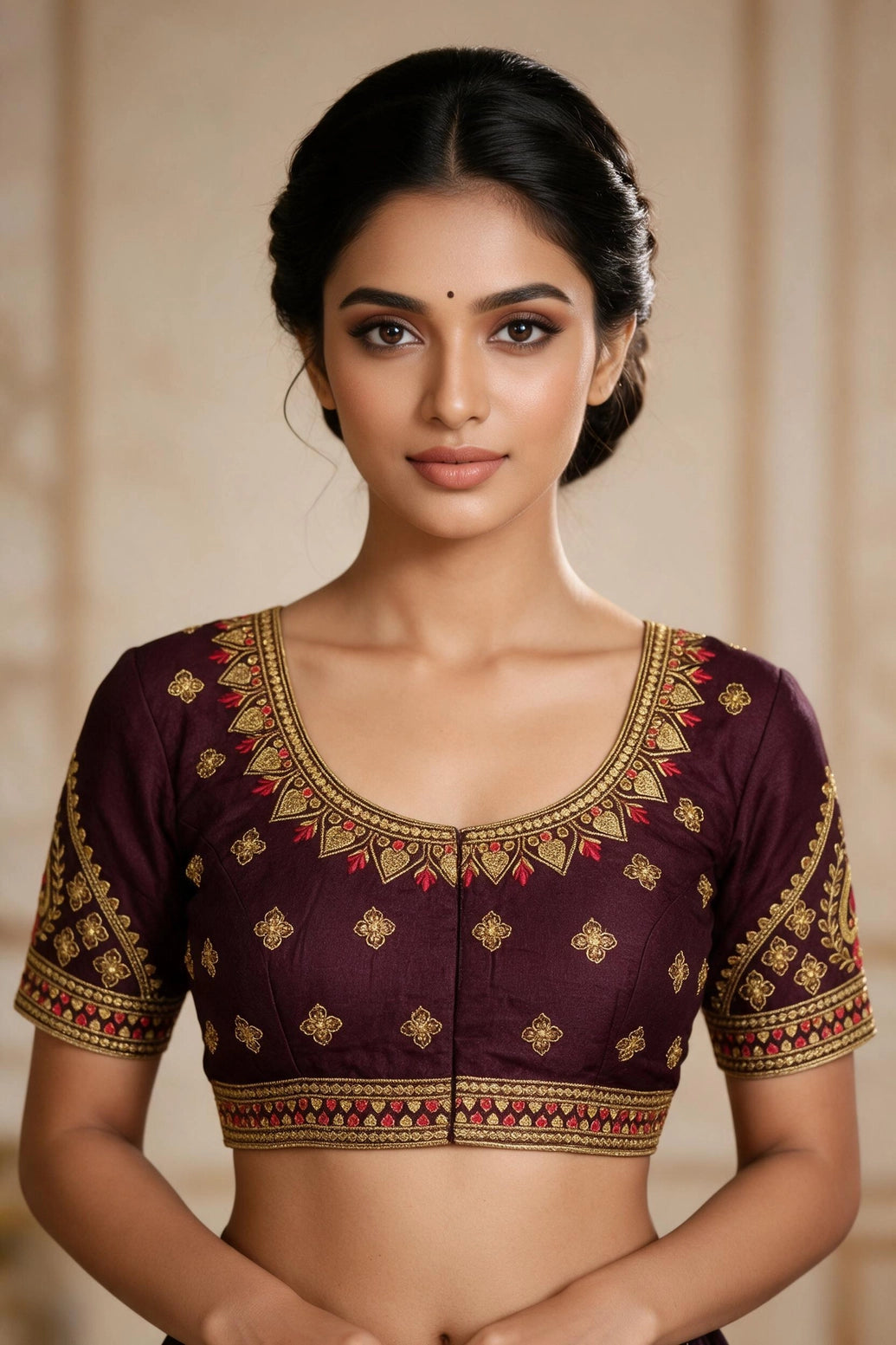 Brown Readymade Designer Padded Blouse with Zari Floral Paisley Motifs, U-Neck, Elbow Sleeves and Back Knot - Brown