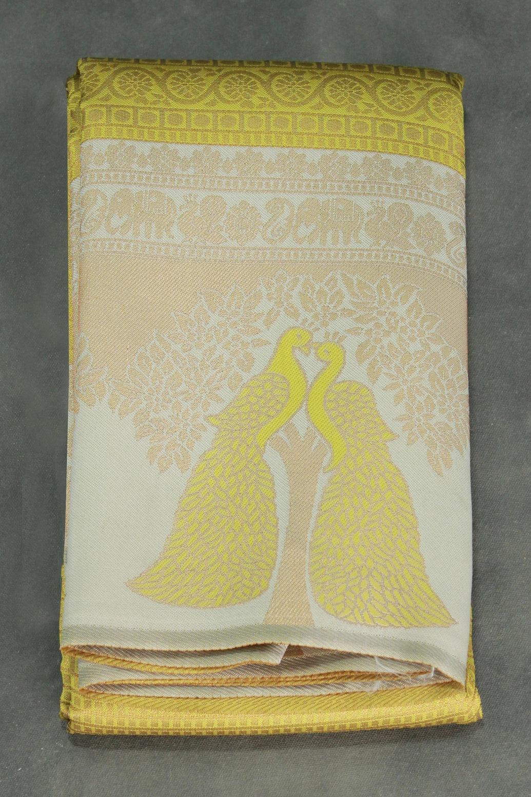 Mustard Yellow Kubera Silk Saree with Peacock Border and Contrast Pattern, Semi Silk Saree with Blouse - Mustard Yellow