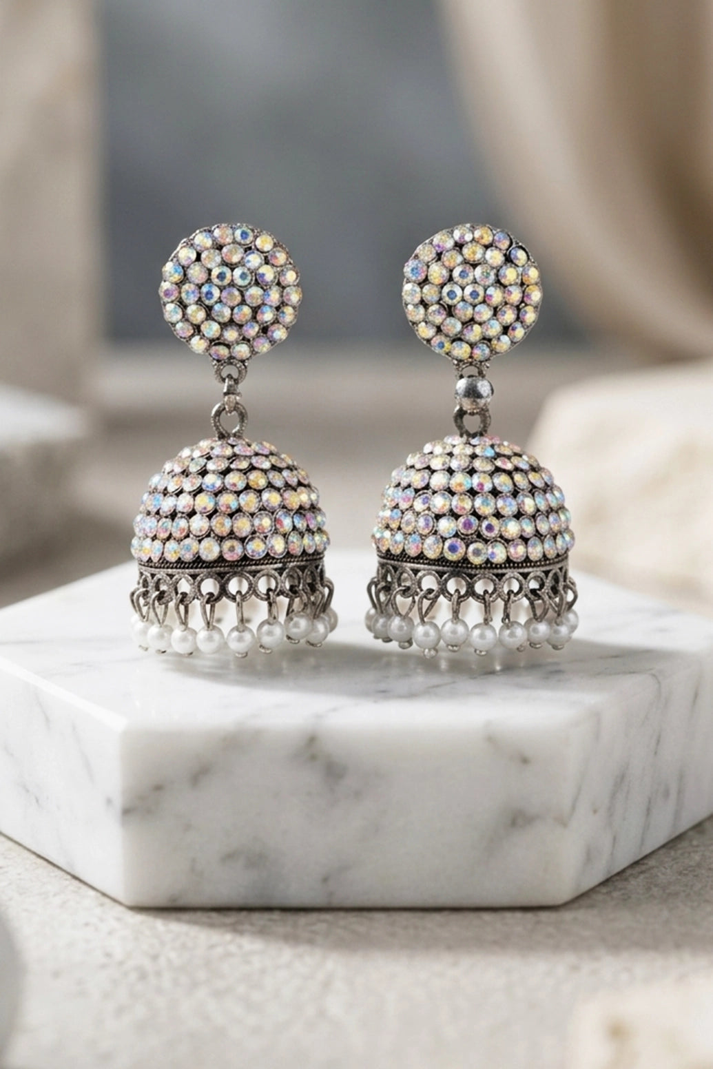 Oxidized Silver Jhumka Earrings with White Stone Round Stud and Pearl Drop Dangles - Black silver
