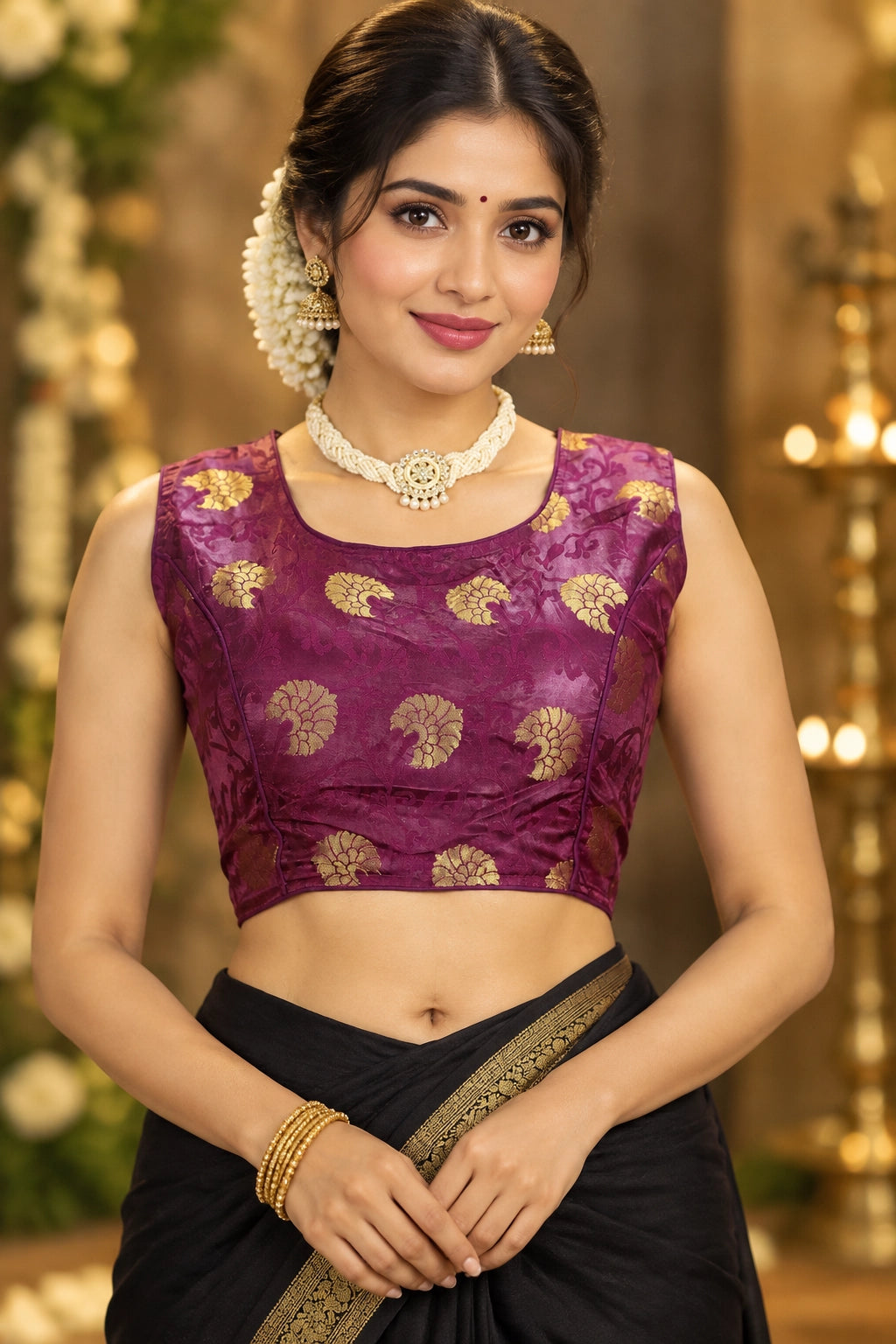 Purple Readymade Designer Padded Blouse with Floral Zari Motifs, Sleeveless, Back Knot, Fully Stitched - Purple