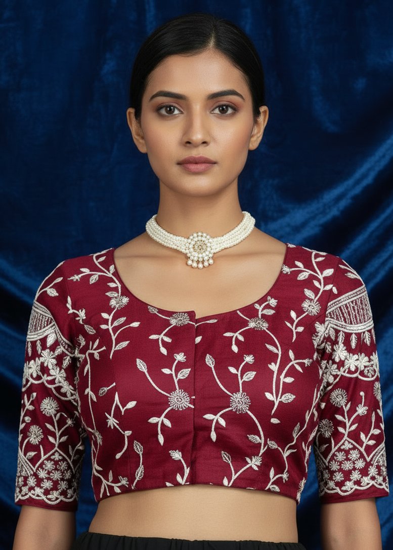 Maroon Readymade Designer Padded Blouse with Aari Work, Floral Embroidery, Elbow Sleeves & Back Knot