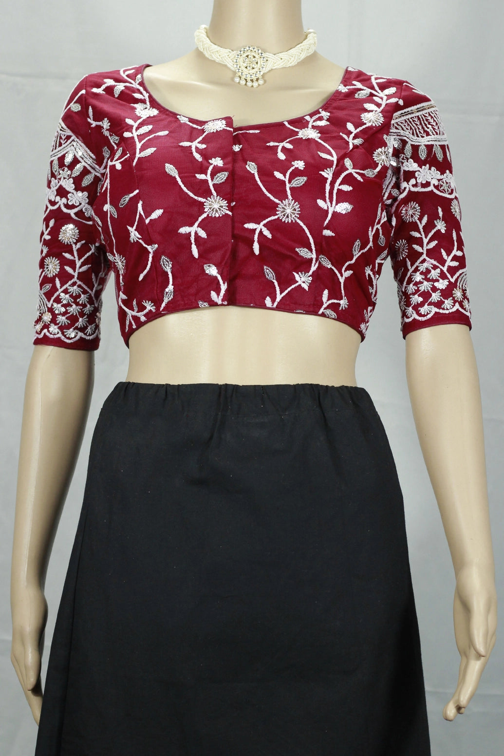 Maroon Readymade Designer Padded Blouse with Aari Work, Floral Embroidery, Elbow Sleeves & Back Knot - Maroon