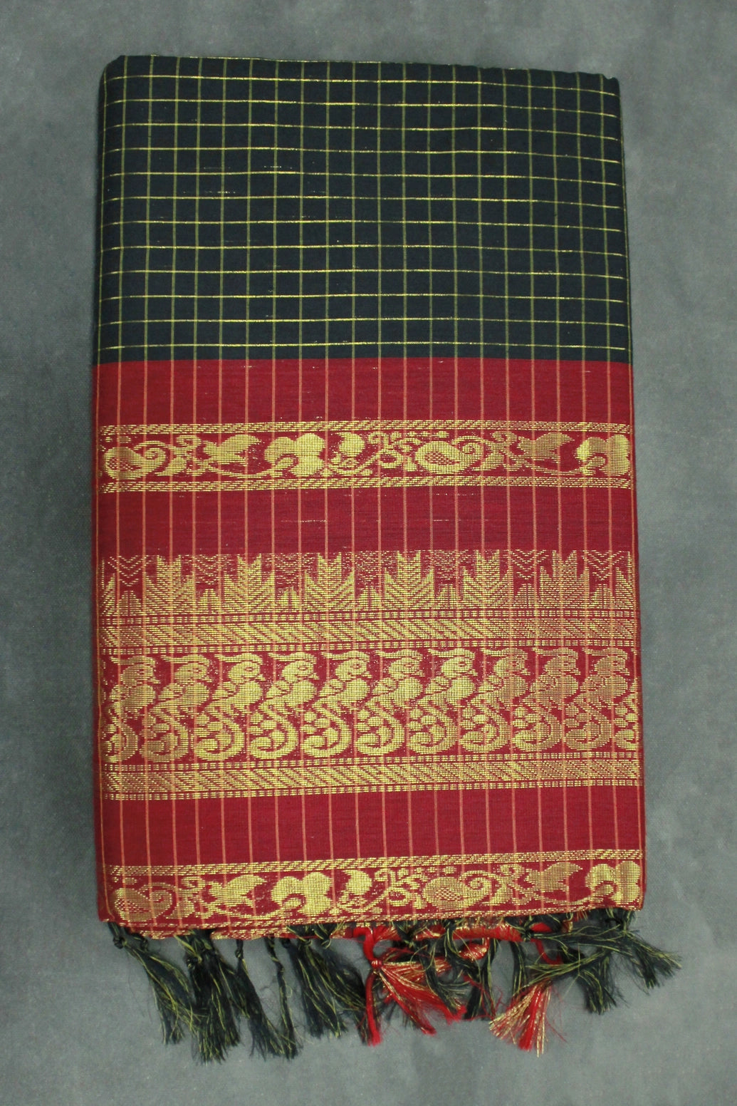 Black Kalyani Cotton Saree with Zari Checked and Peacock Border, Includes Blouse - Black