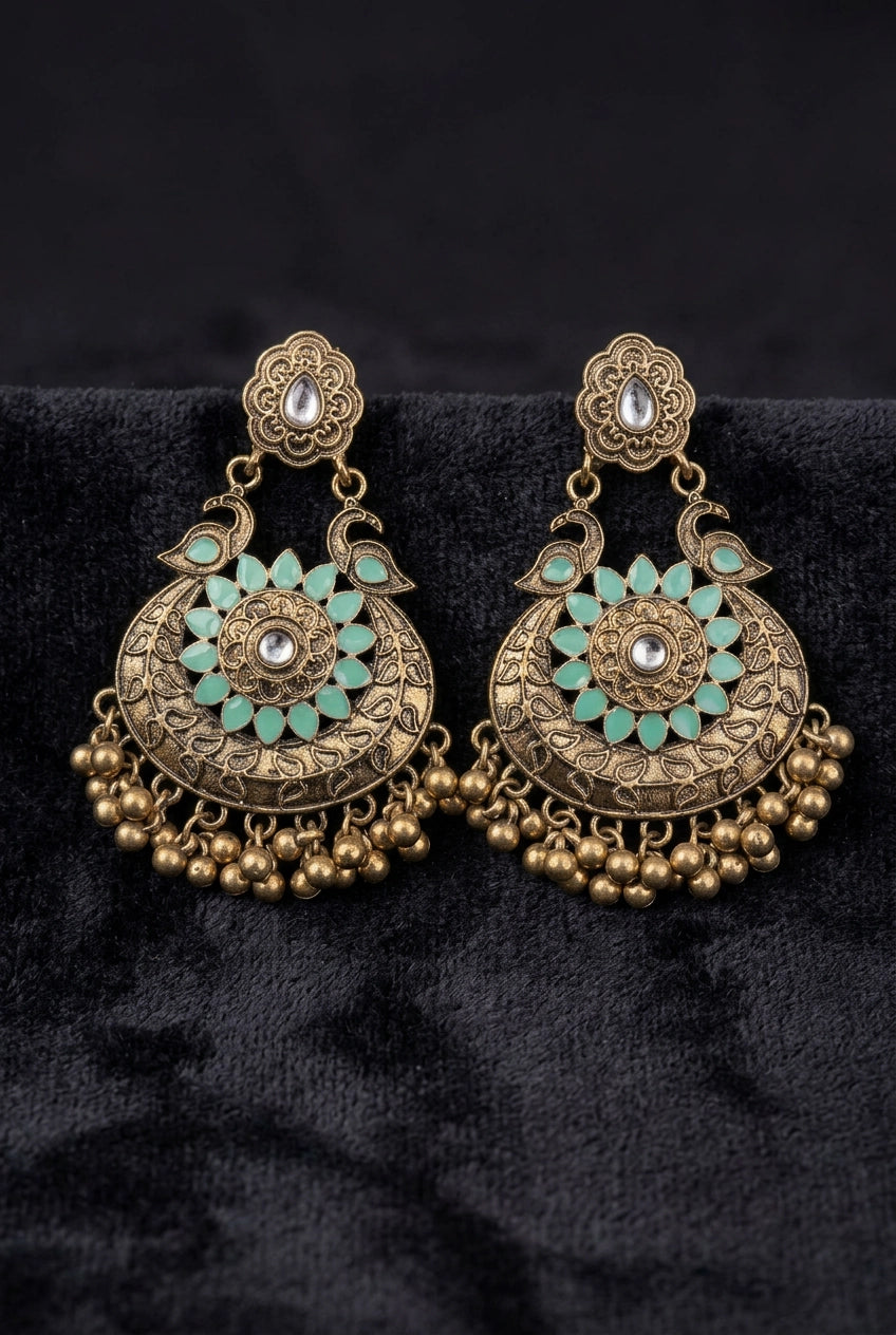 Antique Finish Peacock Chandbali Earrings with Blue-Turquoise Stone & Ghungroo Tassels for Festive Wear
