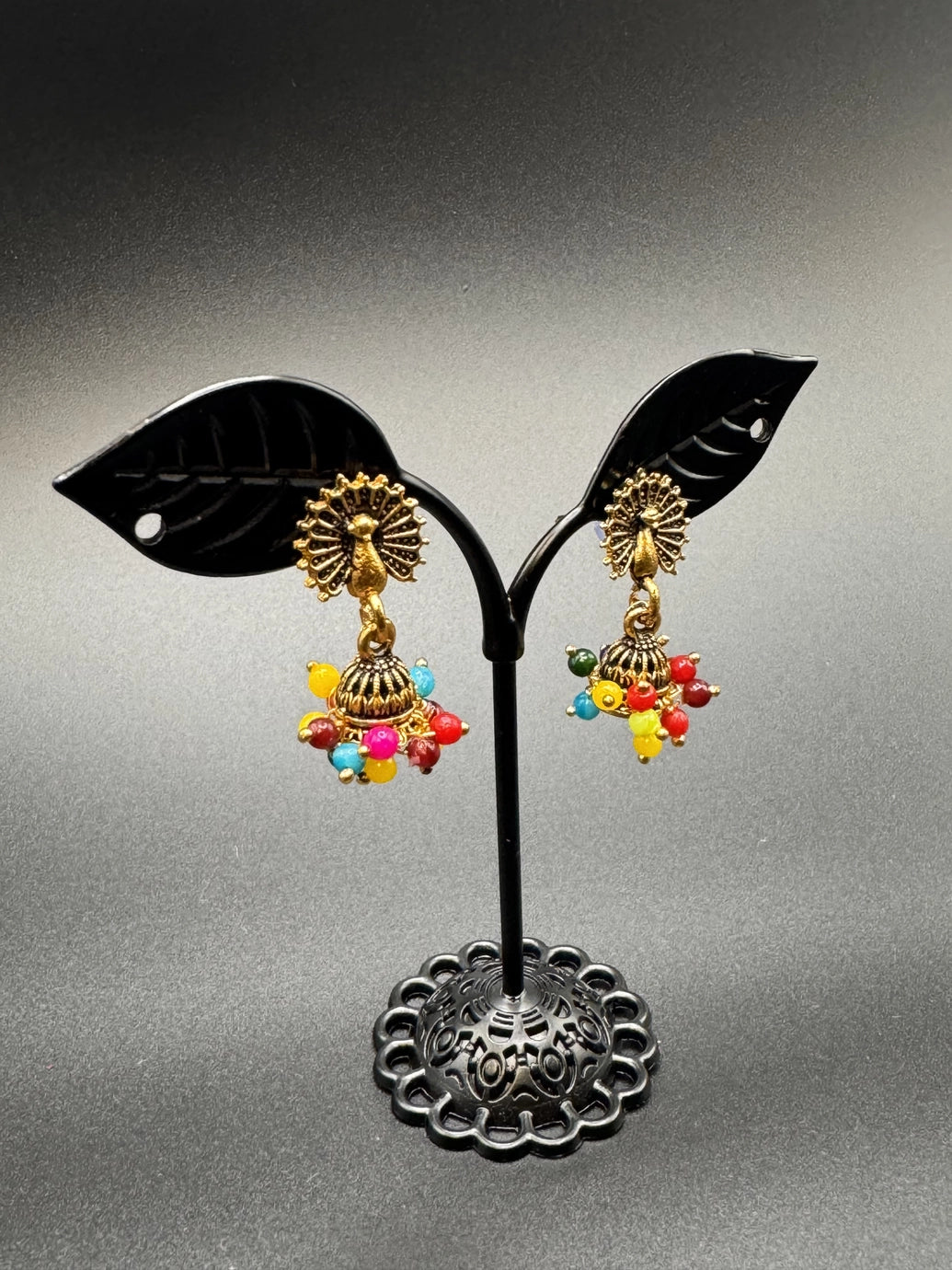 Peacock Motif Jhumka Earrings with Multicolor Bead Fringe - Antique Gold-Tone Fashion Jewellery - Multi Color