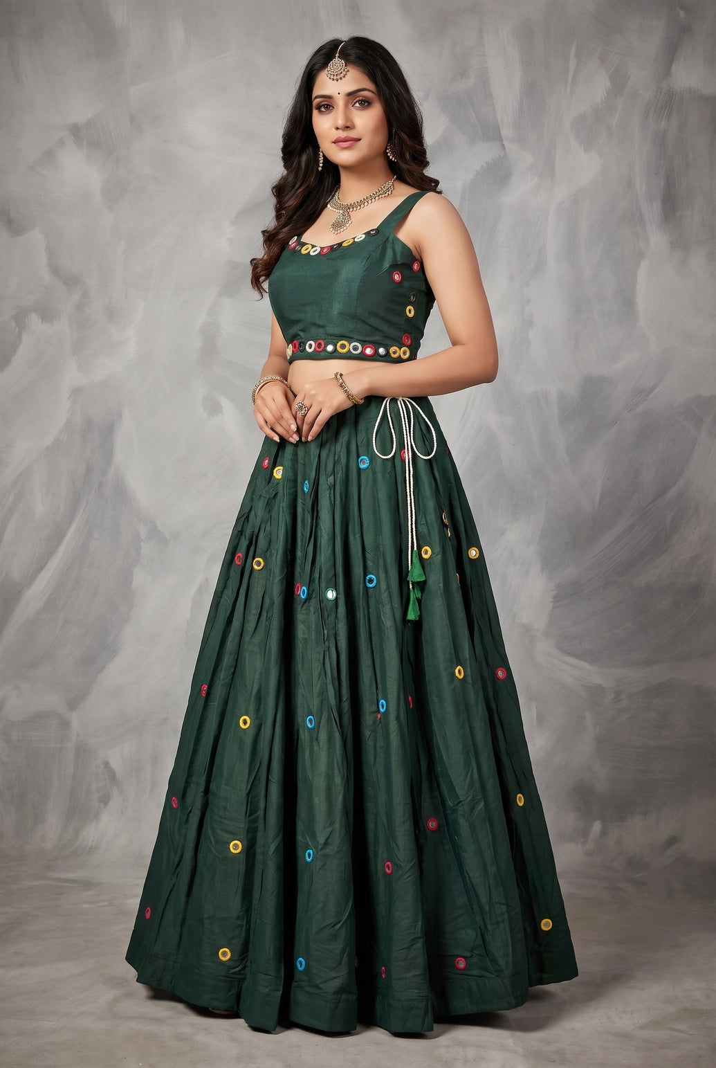 Green Designer Navratri Chaniya Choli with Round Mirror Work Choli & Embroidered Skirt for Party Wear - Green