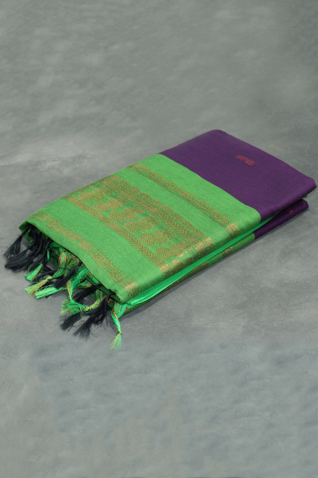 Traditional Kalyani Cotton Saree with Zari Border and Putta Motifs - Deep Violet & Green Saree JCS Fashions Deep Violet 5.5 meters