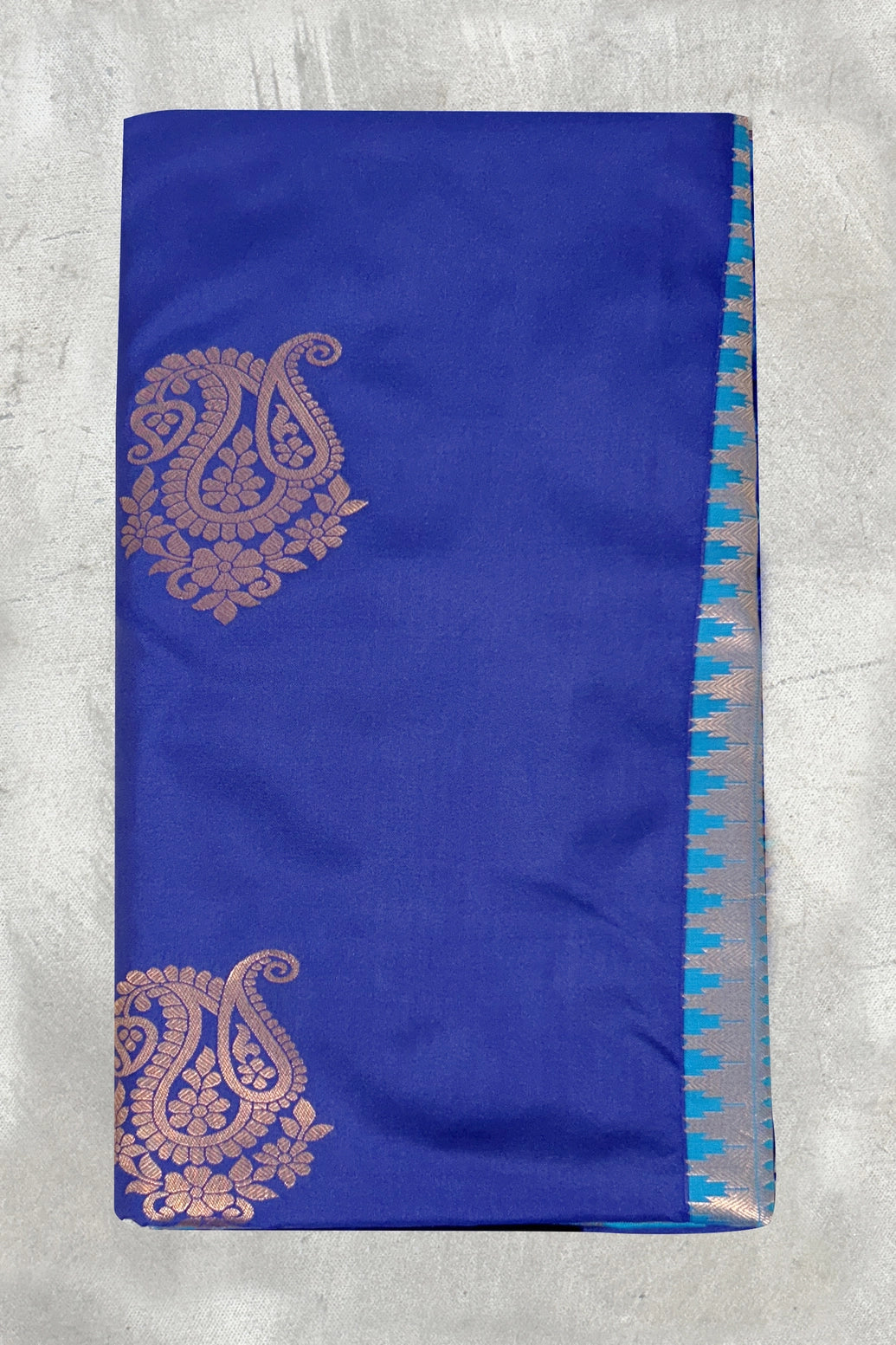 Royal Blue Korvai Soft Silk Border Saree with Delicate Gold Zari Buttas and Traditional Floral Border with Blouse - Royal Blue