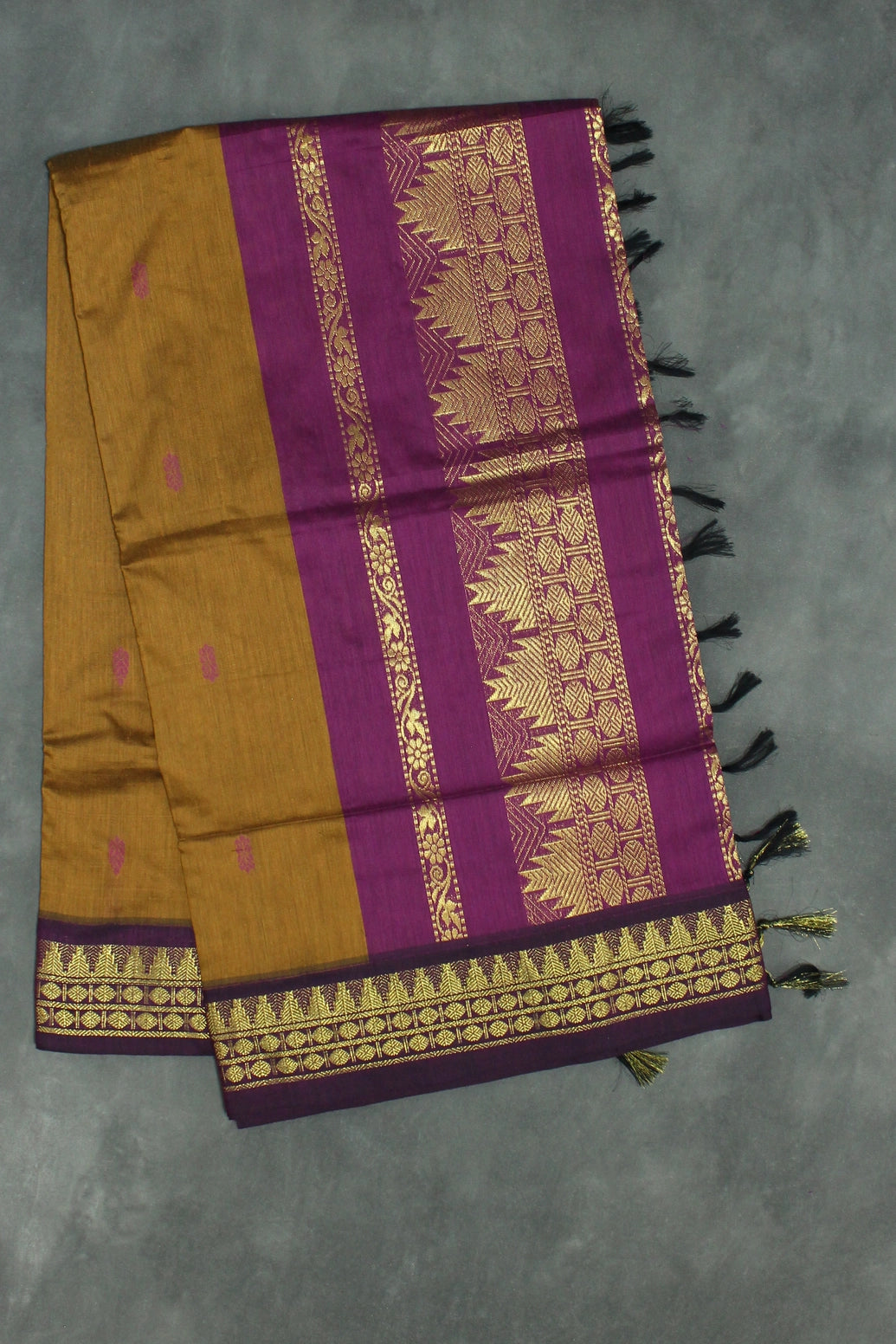 Silk Cotton Dark Mustard Saree with Purple Grand Pallu and Thick Zari Border Saree JCS Fashions Dark Mustard 5.5 meters