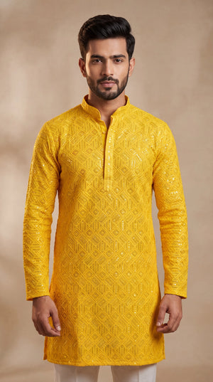 Men’s Yellow Chikankari Cotton Kurta with Sequin Embroidery for Festive Wear