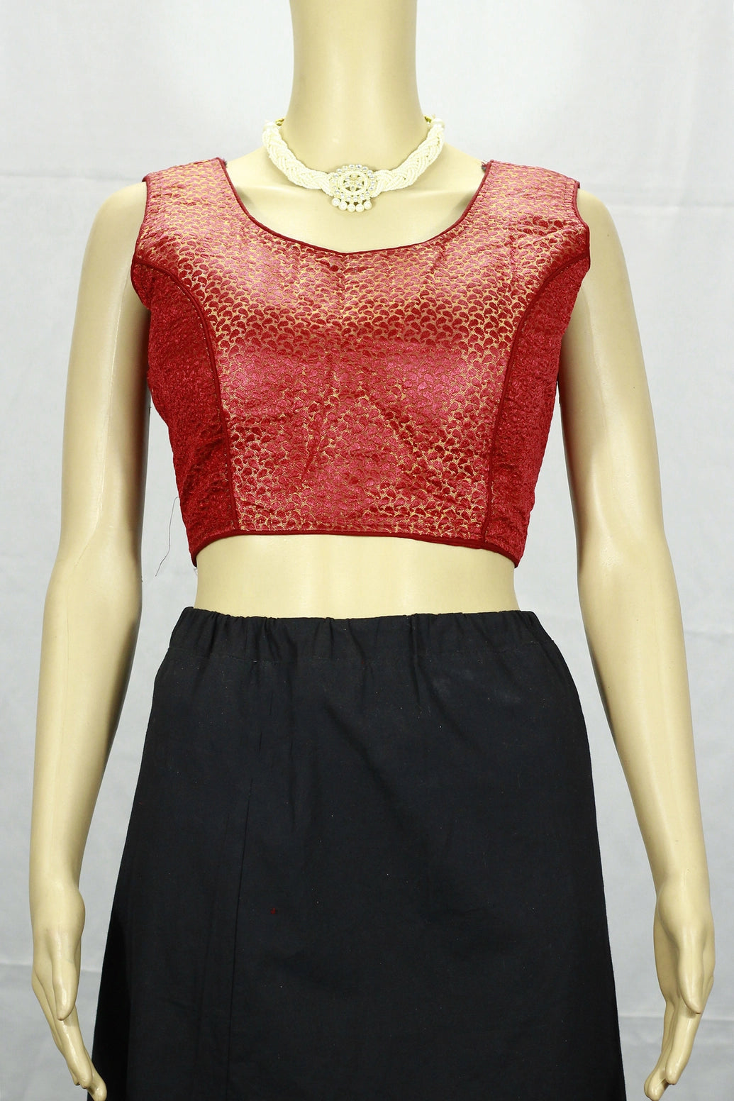 Maroon Ready-to-Wear Designer Padded Blouse with Woven Zari Pattern, Sleeveless, Fully Stitched for Saree & Lehenga - Maroon