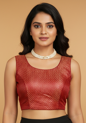 Maroon Ready-to-Wear Designer Padded Blouse with Woven Zari Pattern, Sleeveless, Fully Stitched for Saree & Lehenga