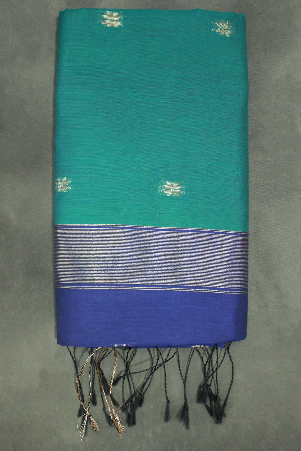 Dark Teal Maheswari Silk Cotton Saree with Small Butta and Zari Border - Dark Teal
