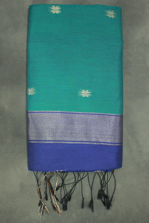 Dark Teal Maheswari Silk Cotton Saree with Small Butta and Zari Border