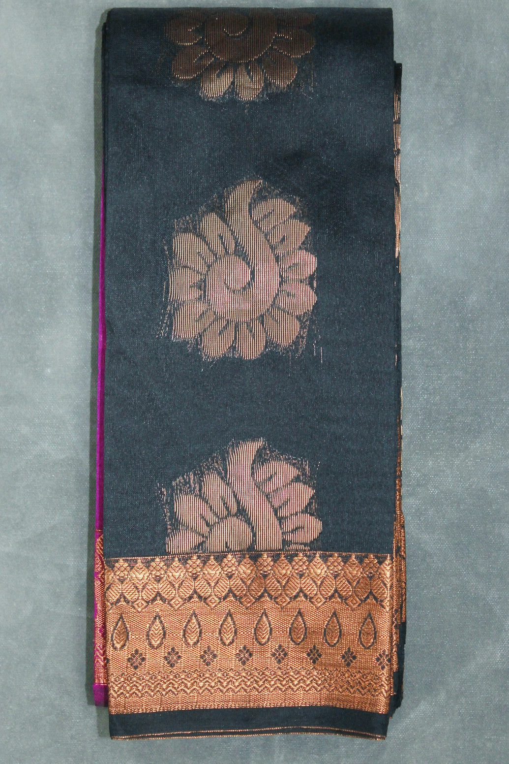 Black Silk Cotton Saree with Zari Floral Border and Blouse Piece, Traditional Wedding Festive Wear - Black