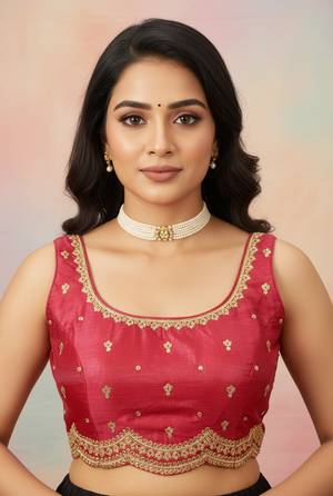 Red Sequin Padded Readymade Sleeveless Blouse with Back Knot and Floral Motifs, Fully Stitched
