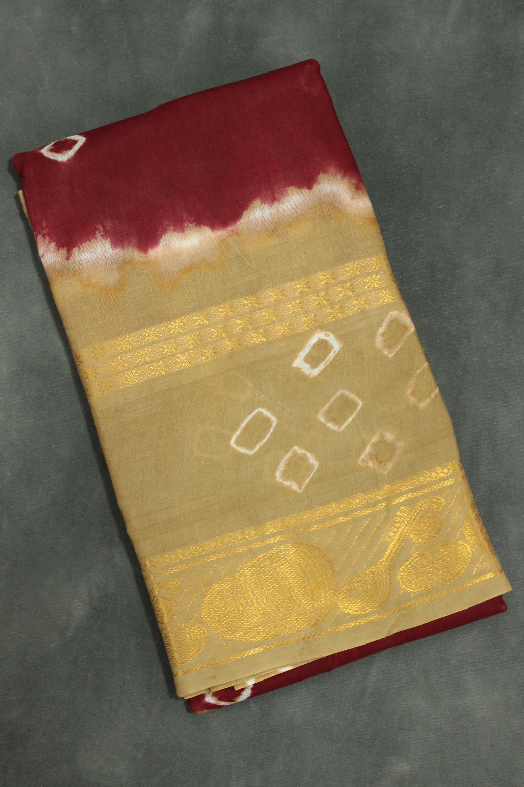 Maroon Sungudi Cotton Bandhani Saree with Golden Zari Border and Traditional Instrument Motifs, Unstitched Blouse Included Saree JCS Fashions Maroon 5.5 meters
