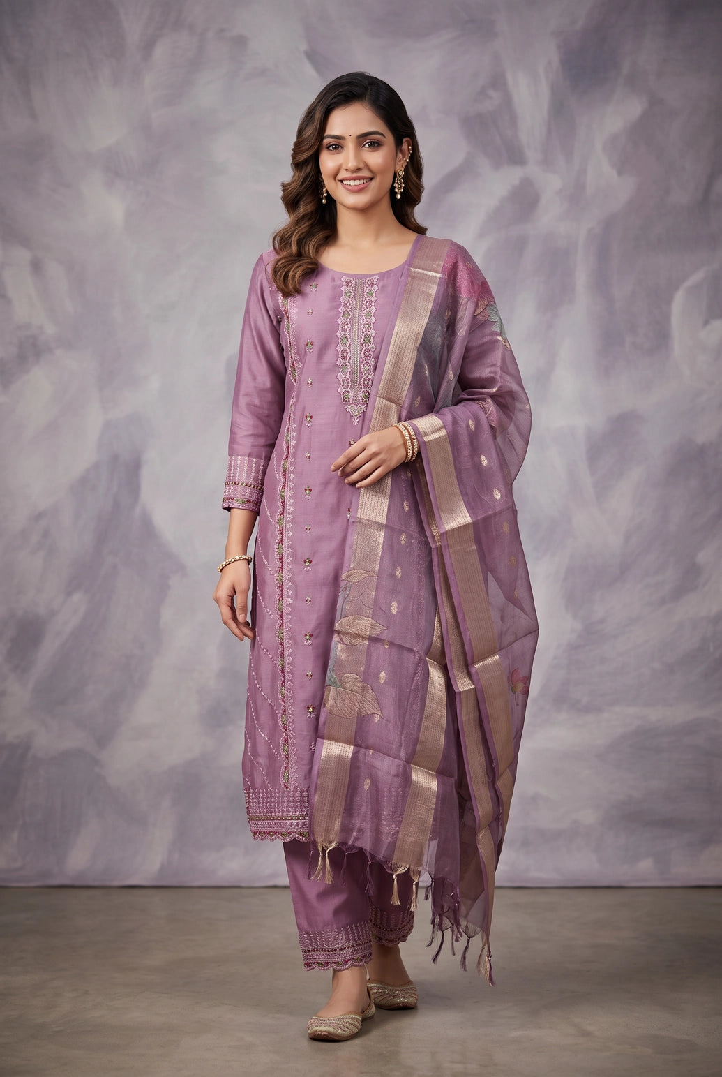 Mauve Pink Roman Silk 3-Piece Kurta Set with Embroidered Neckline, Elastic Pant & Printed Organza Dupatta - Mauve Pink