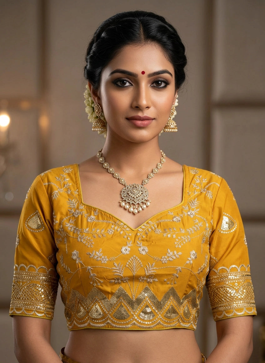 Mustard Readymade Designer Padded Blouse with Embroidery & Sequence Work, Elbow Sleeve, Back Knot - Mustard