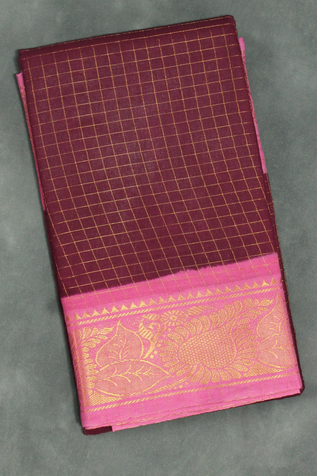 Purple Sungudi Cotton Checked Saree with Pink Peacock Gold Zari Double Border - Unstitched Blouse Included Saree JCS Fashions Purple 5.5 meters
