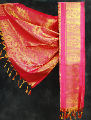 Pink Zari Pattu Shawl with Decorative Border, 70 inch Traditional Ponnadai for Arangetram and Events