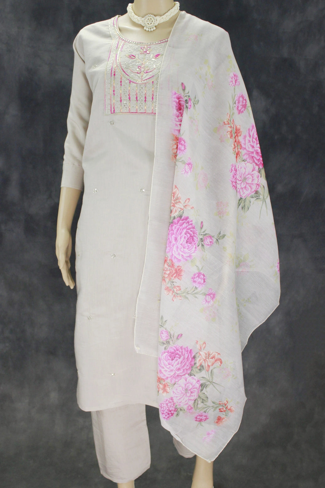 Elegant Beige Roman Silk 3 Piece Set with Embroidery - Beige