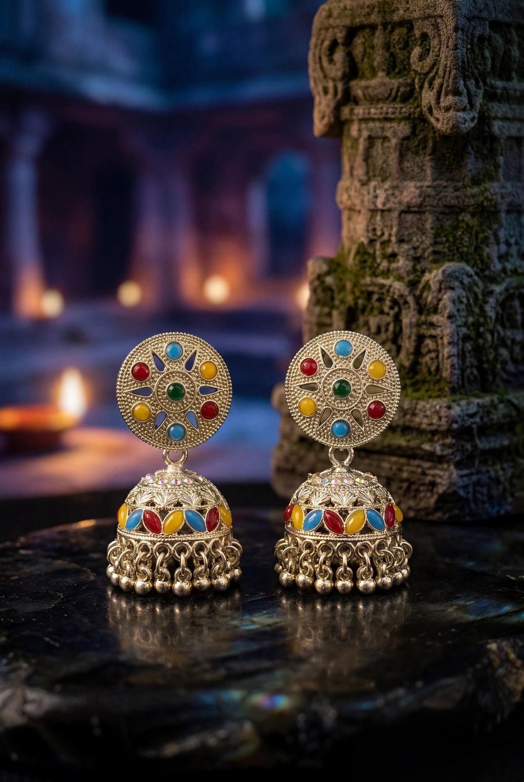 Silver Oxidized Jhumka Earrings with Multicolour Stone Stud Top and Beaded Danglers for Festive Wear - Multi color