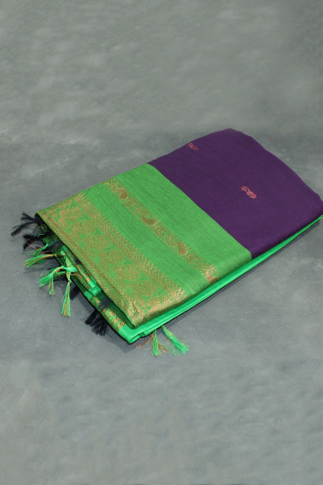 Kalyani Cotton Saree - Deep Violet with Green Zari Border and Butta Design Saree JCS Fashions Deep Violet 5.5 meters