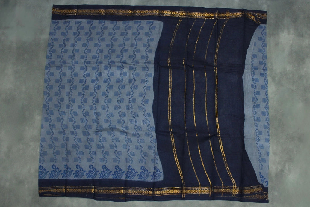Elegant Grey Poly Cotton Floral Print Saree for Daily and Festive Wear Saree JCS Fashions Blue 5.5 meters