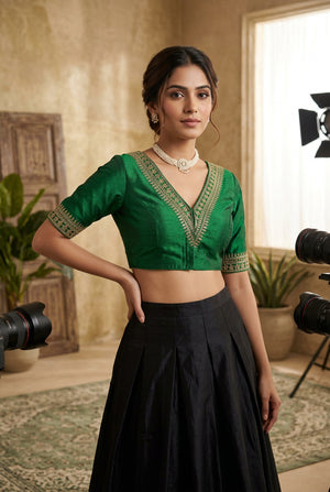 Green Readymade Designer Padded Blouse with V-Neck Gold Zari & Sequin Work, Elbow Sleeves, Back Knot
