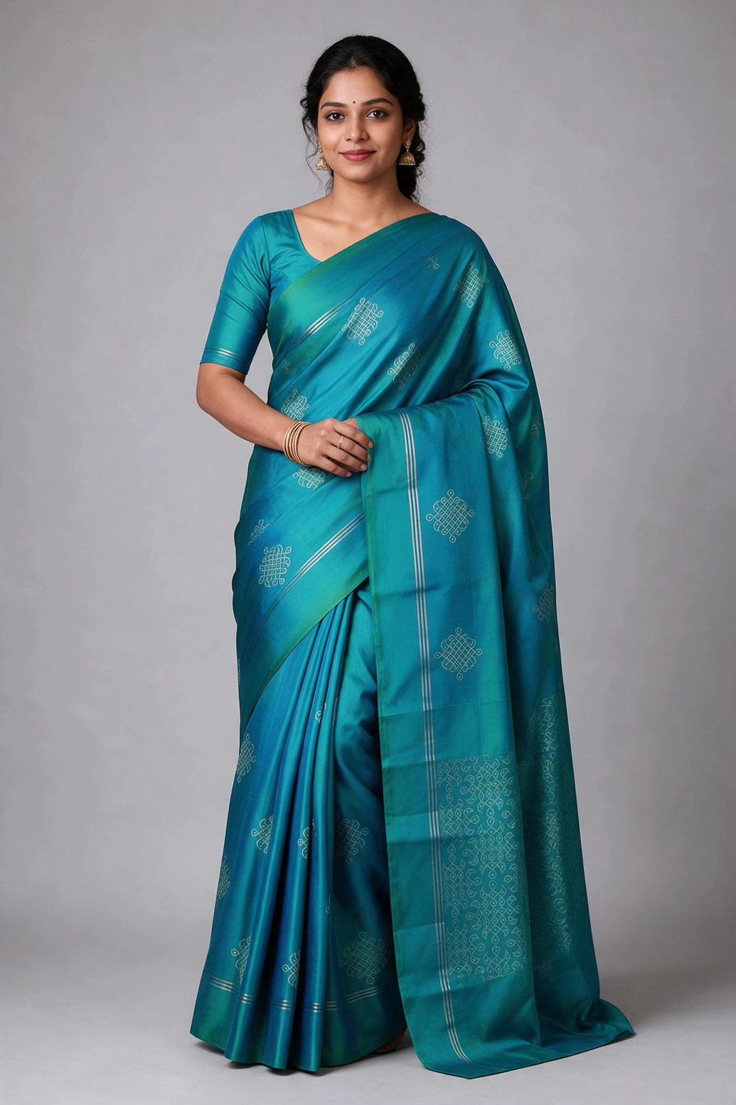 Rama Green Soft Silk Saree with Kolam Butta and Contrast Border for Women - Rama Green