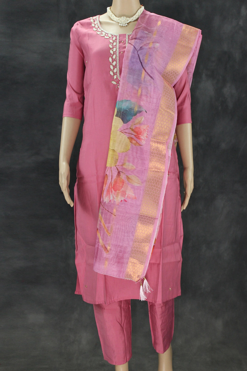 Soft Pink Roman Silk 3-Piece Salwar Kameez Set with Aari & Pearl Neck Embroidery and Organza Digital Dupatta Kurti JCS Fashions Soft pink Small (36)