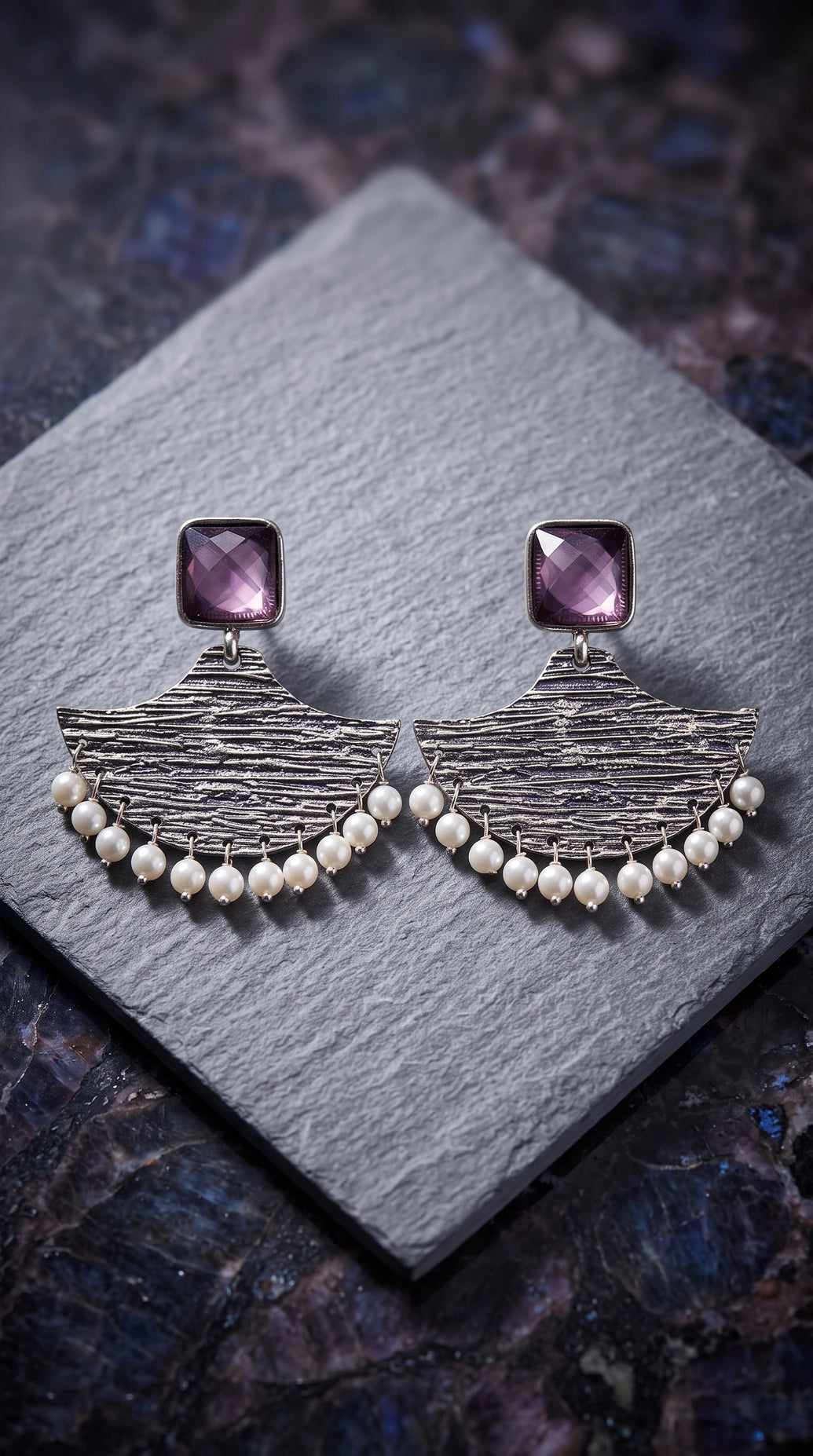 Purple Stone Triangular Dangler Earrings with Pearl Beads, Silver-Toned Fashion Jewellery for Party & Festive Wear - Purple