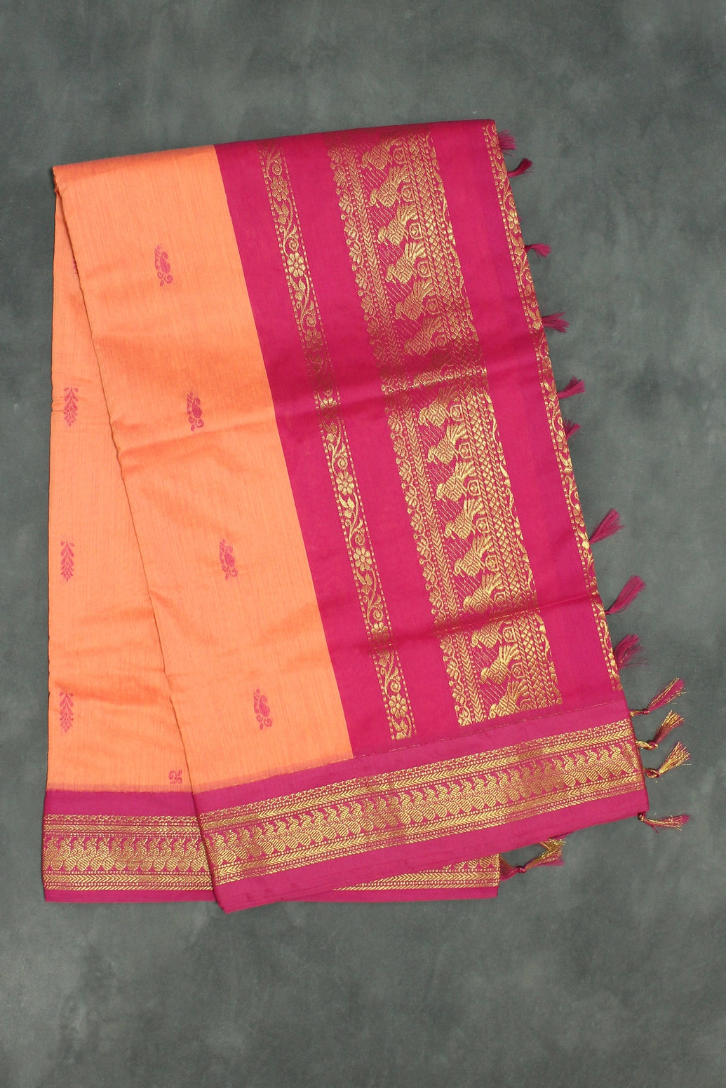 Orange & Pink Silk Cotton Saree with Grand Pallu and Thick Zari Border - Orange & Pink
