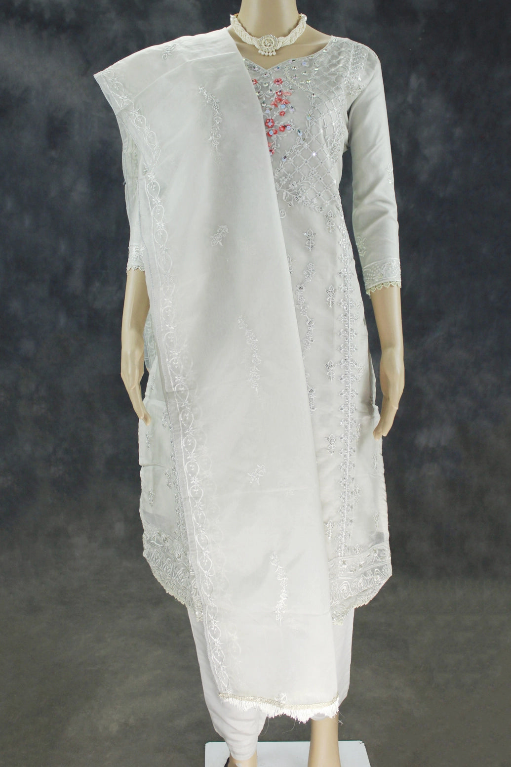 Light Gray Roman Silk 3-Piece Kurta Set with Organza Work Dupatta and Elastic Pant - Light Gray