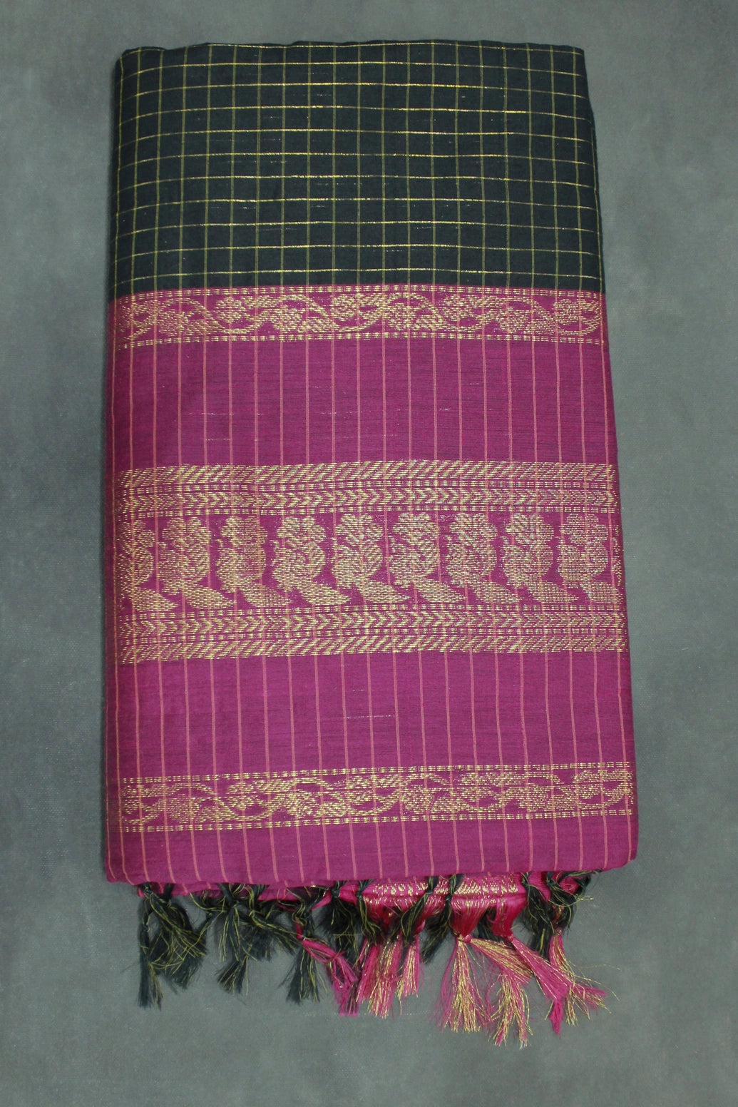Kalyani Cotton Saree in Black with Zari Checked & Peacock Border and Blouse - Black