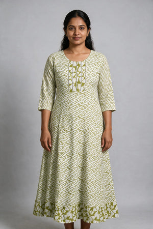 Olive Green Cotton Anarkali Gown with Dori Design, Geometric Floral Print & Golden Piping Detail