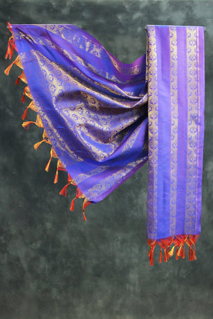 Violet Ponnadai Poly Silk Jacquard Temple Shawl with Zari Pattern and Tassels for Pooja Weddings Functions