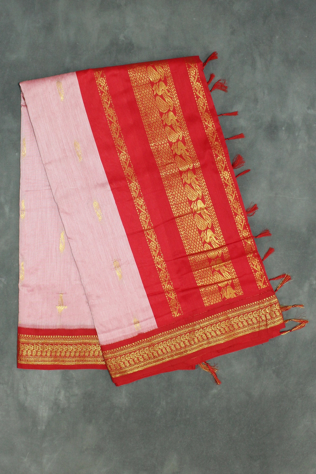 Pink Silk Cotton Saree with Thick Golden Zari Border, Full-Body Buttas and Grand Pallu Saree JCS Fashions Pink 5.5 meters
