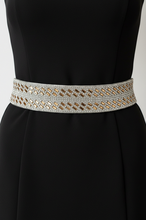 White Silver-Tone Crystal Embellished Elastic Hip Belt