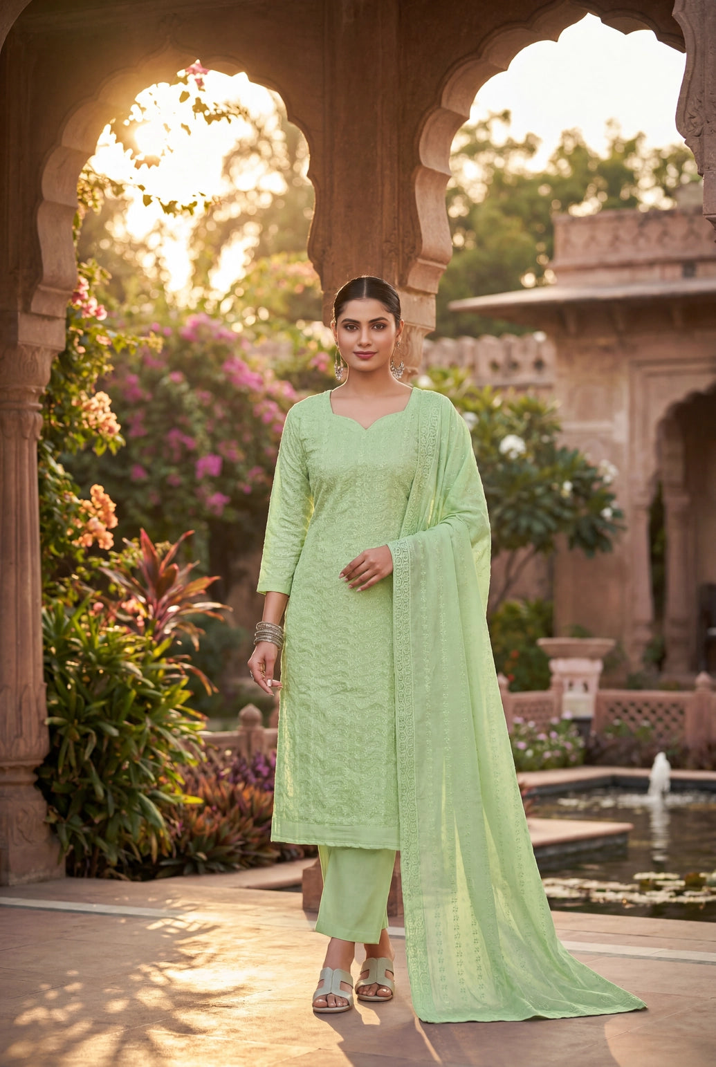 Pista Green Cotton 3-Piece Kurti Set with Elastic Pant and Schiffli Dupatta for Women - Pista Green