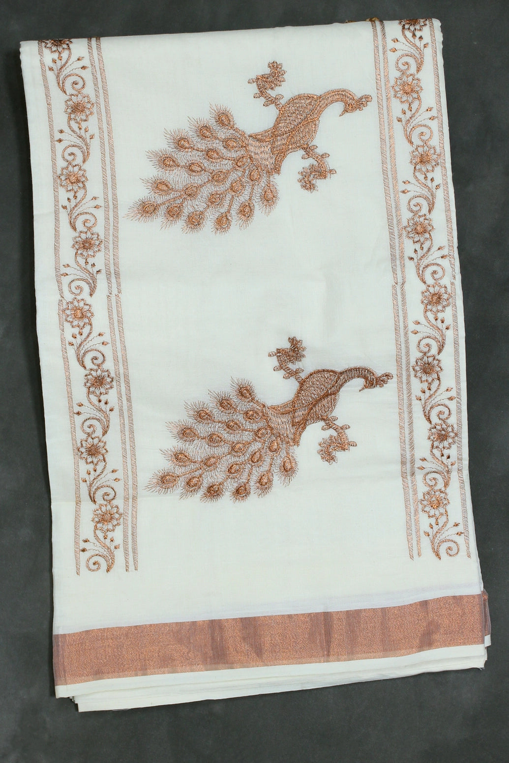 Pure Kerala Cotton White Saree with Copper Zari Peacock Embroidery - White