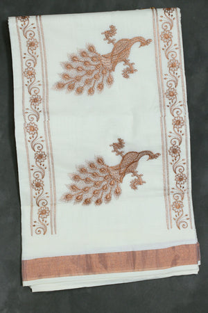 Pure Kerala Cotton White Saree with Copper Zari Peacock Embroidery