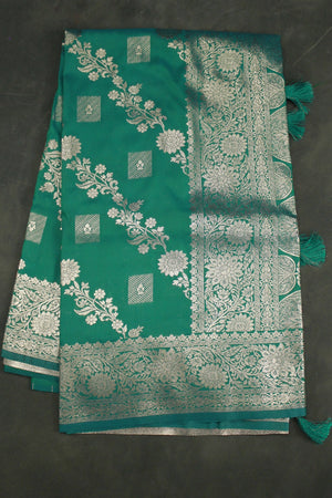 Green Banarasi Soft Silk Saree with Zari Floral Motifs and Rich Pallu Border with Tassels