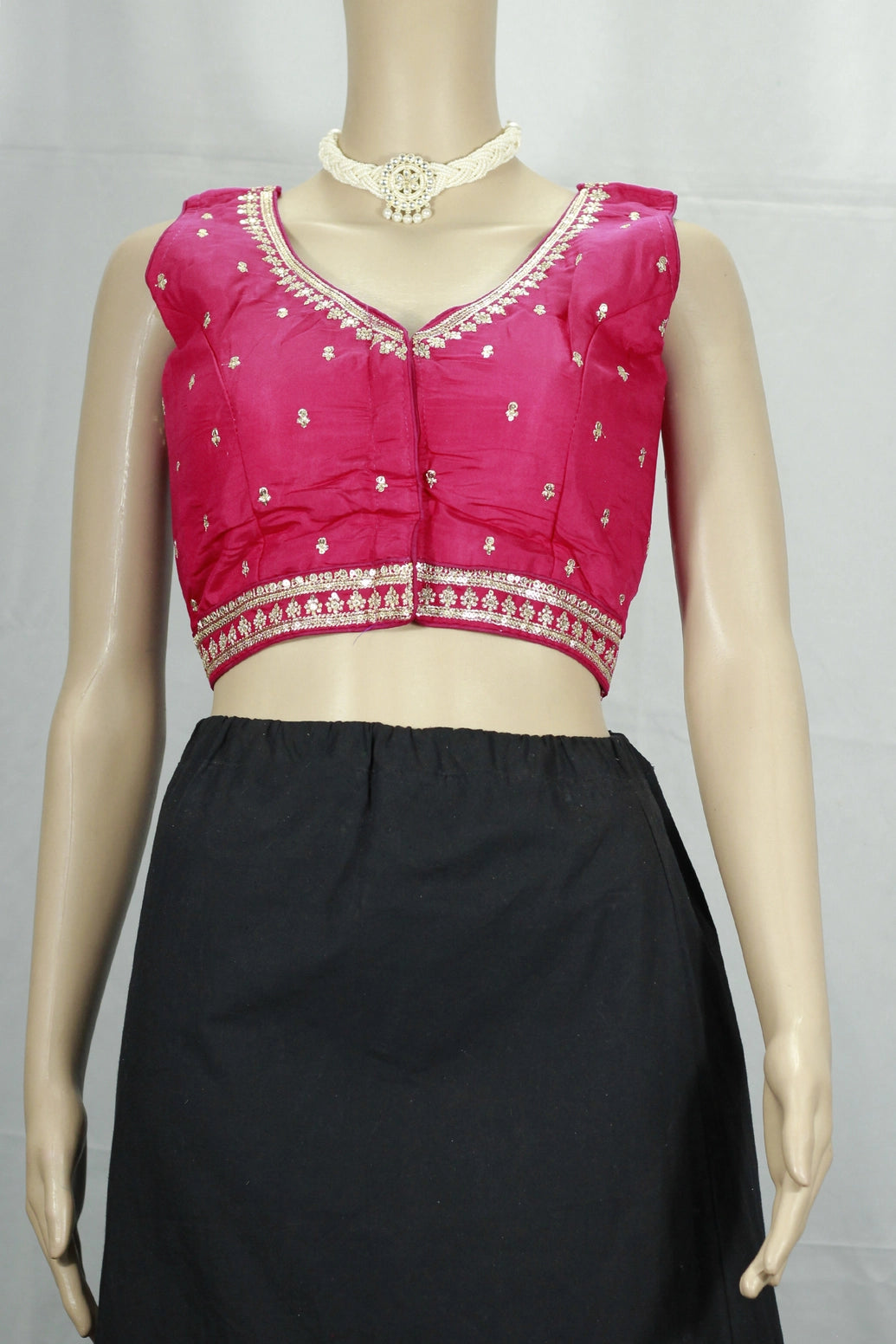 Red Zari Border Padded Designer Blouse with Deep Neckline, Sleeveless, Back Knot, Fully Stitched