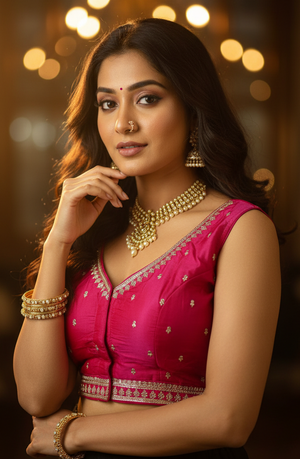Red Zari Border Padded Designer Blouse with Deep Neckline, Sleeveless, Back Knot, Fully Stitched