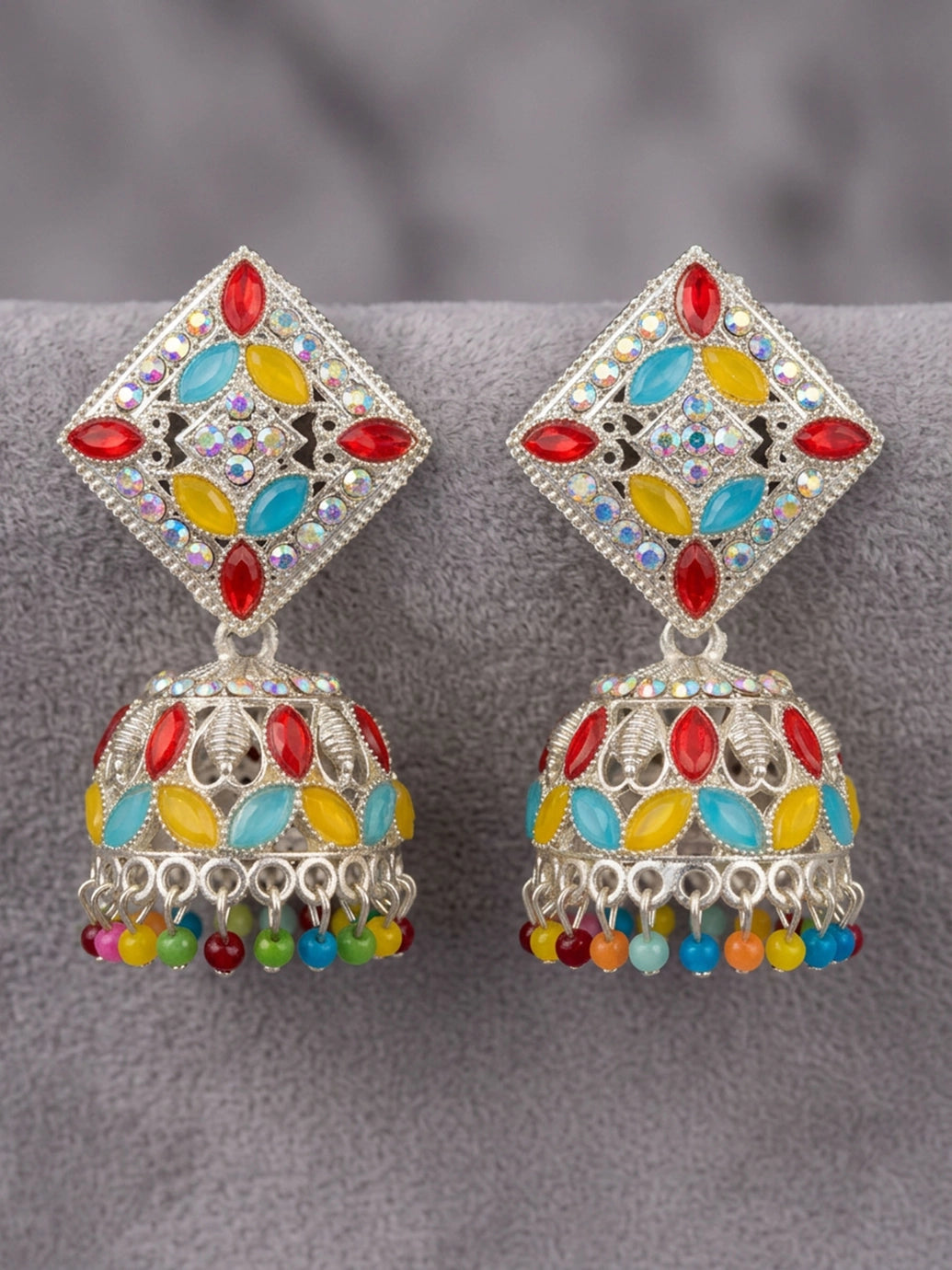 Silver Oxidized Multicolor Jhumka Earrings with Square Stud Top & Bead Drops for Traditional Festive Wear - Multi color